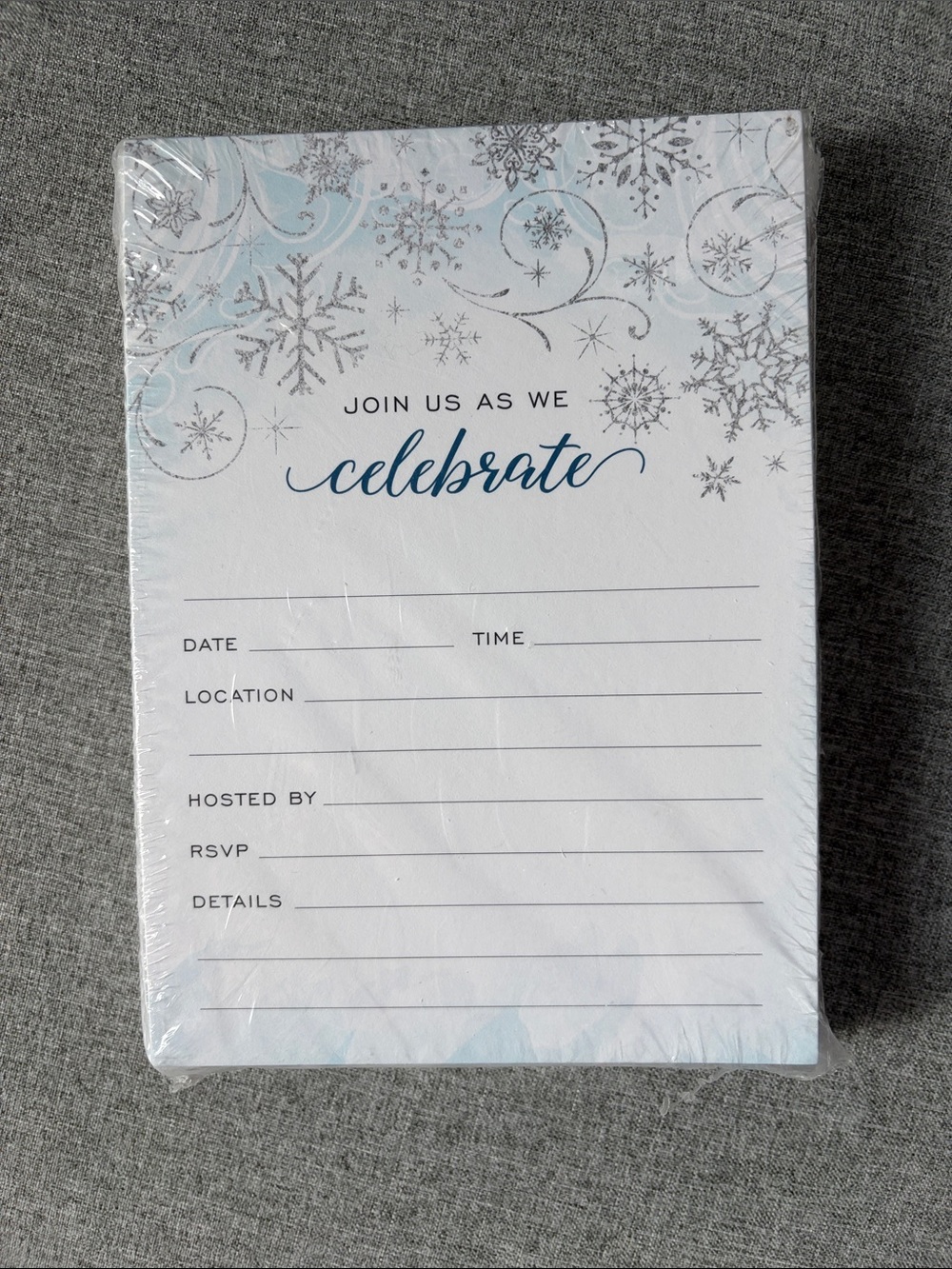 NEW PACK Invitations & Envelope Winter Snowflake Silver Blue White Party Holiday